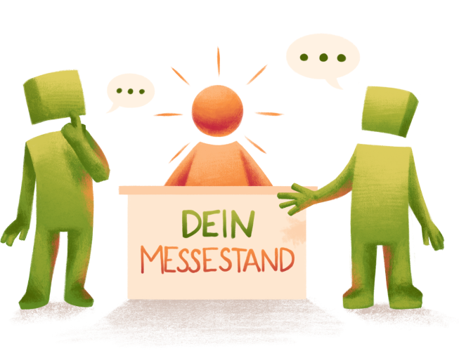 Ein Männchen das hinter einem Messestand steht. Von beiden Seiten umgeben von je einem interessierten Männchen