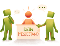Ein Männchen das hinter einem Messestand steht. Von beiden Seiten umgeben von je einem interessierten Männchen