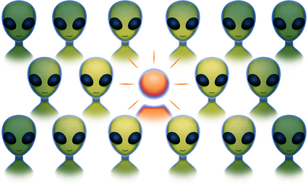 Eine Illustration von Sunny, umringt von Aliens