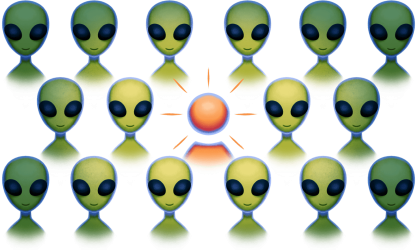 Eine Illustration von Sunny, umringt von Aliens